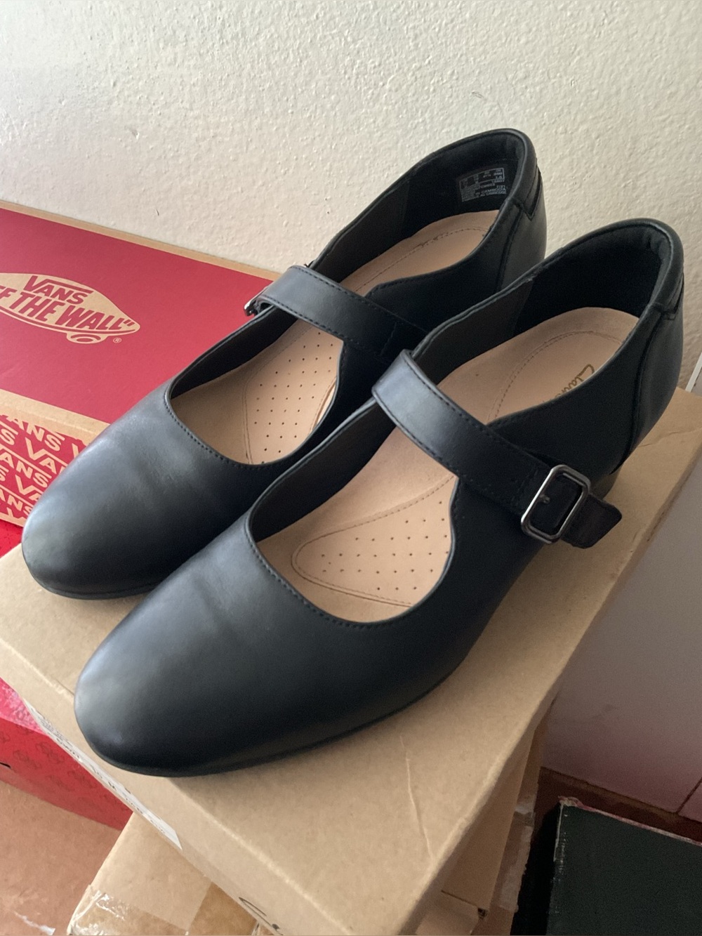 Firm Price Clarks Linnae Walk Black Leather Heels with Buckle Strap